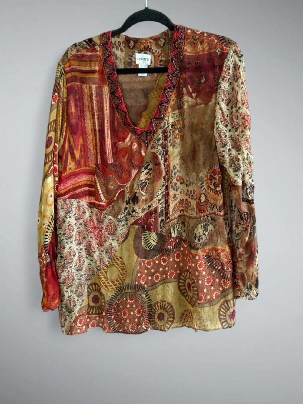 Chico's Boho Embroidered Beaded Blouse 100% Silk Size 2 Large
